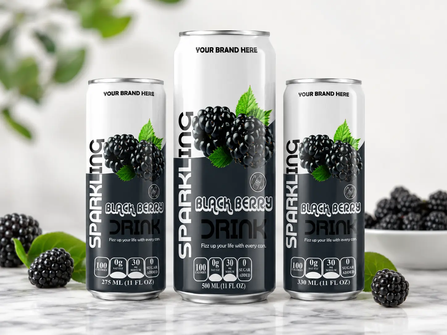 SPARKLING DRINK Blackberry Flavored Drink in 275ml, 500ml, and 330ml cans.